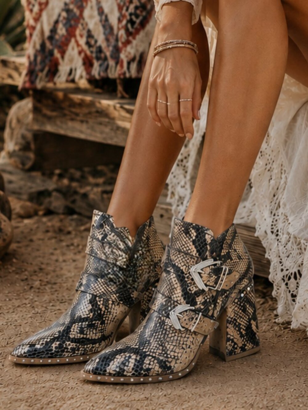 Gianni Bini Decie Snakeskin Studded Buckle Western Booties Size 8.5